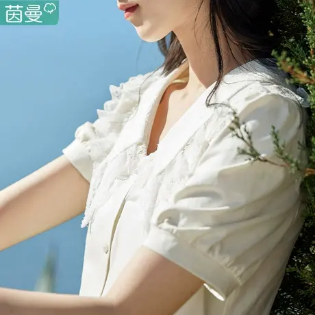 茵曼清货娃娃尖领白衬衫女2023夏季新款显瘦短袖纯棉上衣衬衣女款商品大图