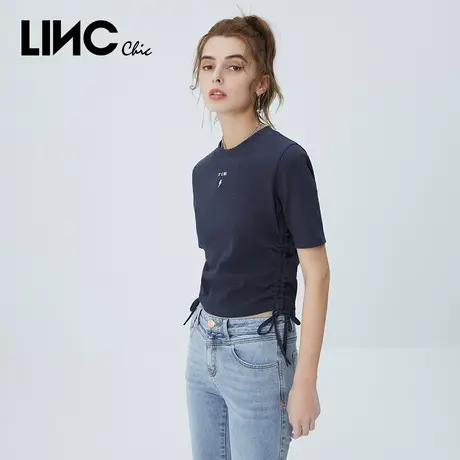 LINC金羽杰2023春季甜酷简约小高领动感抽绳BM风针织短袖T恤女图片
