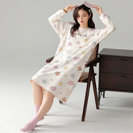 大嘴猴新款可爱卡通印花家居服睡裙圆领套头长袖女士图片