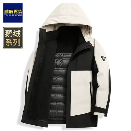 雅鹿男装色块加厚鹅绒羽绒服男士冬季2023新款冲锋衣连帽工装外套图片