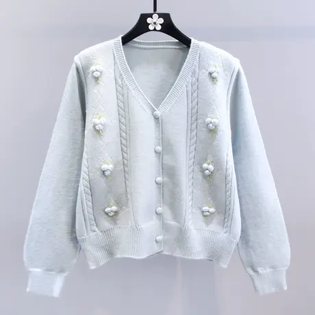 温柔风甜美软糯V领毛衣外套女秋冬2023新款宽松减龄短款针织开衫商品大图