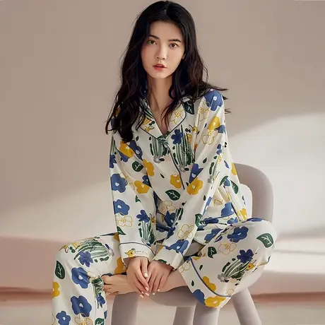 猫人睡衣女春秋季纯棉款翻领长袖休闲可外穿女士秋冬天家居服套装商品大图