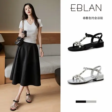 EBLAN/伊伴水钻蝴蝶结凉鞋女2025夏季新款一字带平底珍珠罗马凉鞋商品大图