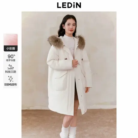 乐町毛领中长款羽绒服女冬季新款牛角扣保暖加厚大口袋外套商品大图