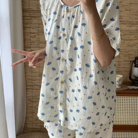 新品~蝴蝶结小象圆领双层纱短袖短裤套装可爱休闲家居服可外穿商品大图