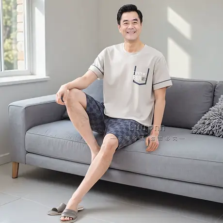套头睡衣男士纯棉夏季短袖短裤薄款休闲家居服套装商品大图