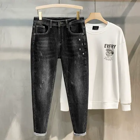 黑色刺绣牛仔裤男潮牌2023年新款秋冬高端小直筒百搭裤子韩版潮流图片