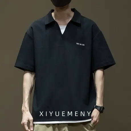 假两件海鸥领短袖Polo衫男2025夏季新款宽松大码凉感保罗t恤衫男商品大图