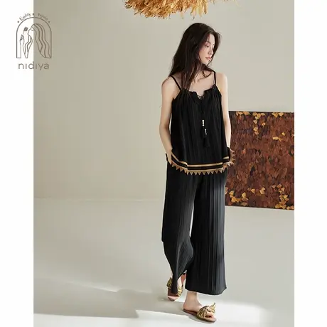 妮狄娅2024睡衣女夏季纯棉吊带款阔腿裤轻奢气质可外穿家居服套装商品大图