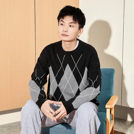 唐狮男士毛衣圆领冬季新款复古菱形格商务休闲针织上衣宽松潮图片