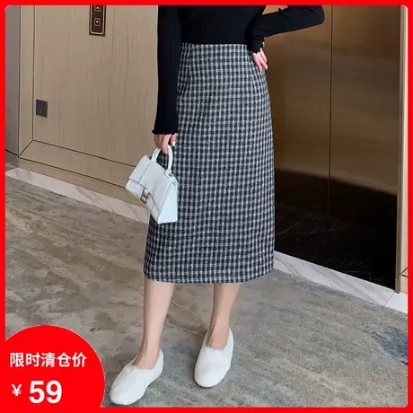 2023早秋新款大码胖妹妹显瘦百搭遮肚格子毛呢半身裙中长款A字裙商品大图