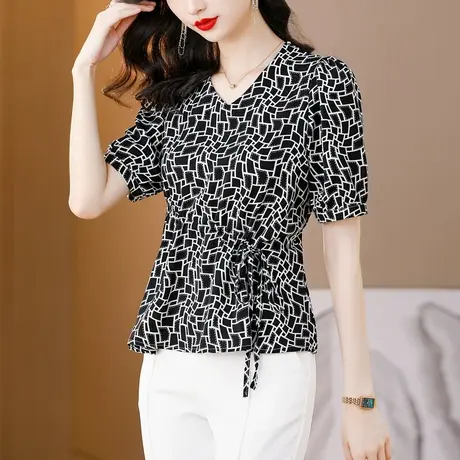夏季短袖雪纺衫女2023年新款夏天时尚收腰印花衬衣洋气漂亮女小衫图片