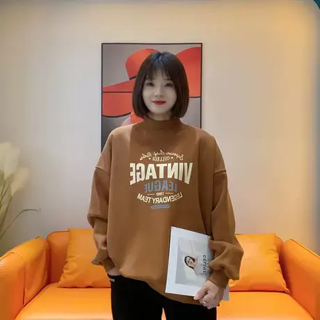 2023秋冬新款韩版宽松百搭字母印花加绒加厚半高圆领套头长袖卫衣商品大图