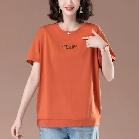 短袖T恤女夏季加肥加大码女装宽松中年妈妈休闲印花圆领棉上衣衫图片
