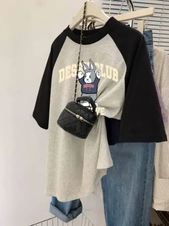 短袖t恤女夏2023新款插肩袖高级感显瘦ins潮大码胖mm遮肚上衣藏肉商品大图