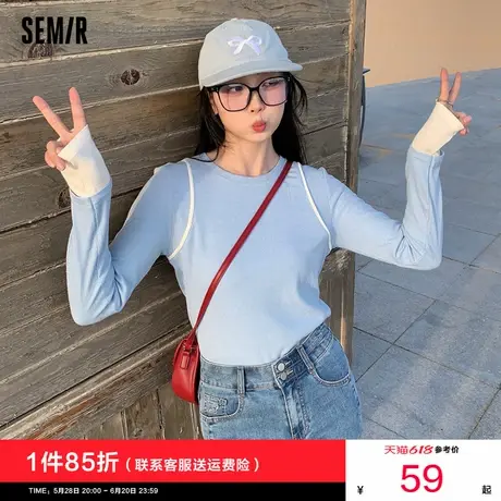 森马长袖T恤女设计感紧身假两件2024新款秋季显瘦撞色拼接针织衫商品大图
