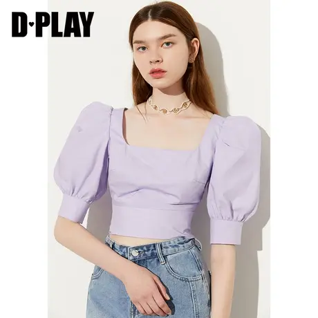 Dplay夏季新款法式少女感长夏花蓝宫廷方领泡泡羊腿袖短款小衫商品大图