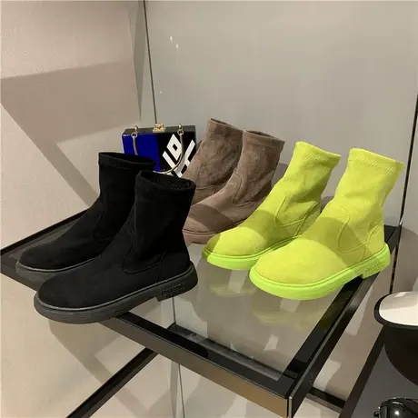 2023年新款韩版百搭糖果色绒面弹力布马丁靴瘦瘦靴短筒靴平底女靴商品大图