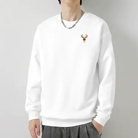 380g重磅纯棉白色卫衣男宽松潮流摇粒绒圆领长袖t恤鹿头无帽上衣商品大图