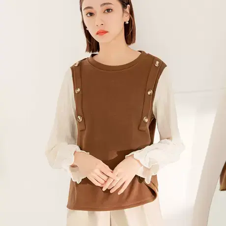 桔熊秋冬季假两件套上衣女温暖舒适荷叶袖拼接磨毛衫大码AB17677商品大图