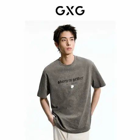 【X】GXG男装双色水洗设计休闲复古圆领短袖T恤男生上衣24夏图片