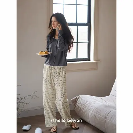 贝妍春秋新款韩系睡衣女柔软莫代尔棉长袖长裤套装时尚显瘦家居服商品大图