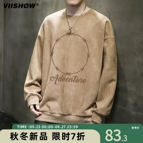 VIISHOW麂皮绒圆领卫衣潮牌男2023春秋冬款新款美式宽松长袖T恤商品大图