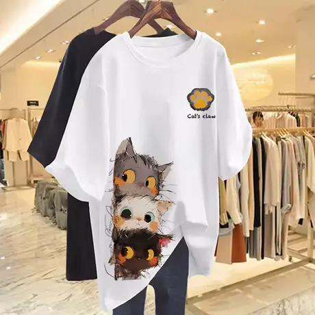 白色猫咪纯棉短袖t恤女2025新款夏季设计感小众宽松休闲半袖上衣商品大图