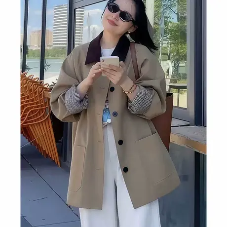 韩系撞色拼接中长款单排扣风衣女2025春秋新款宽松休闲显瘦外套商品大图
