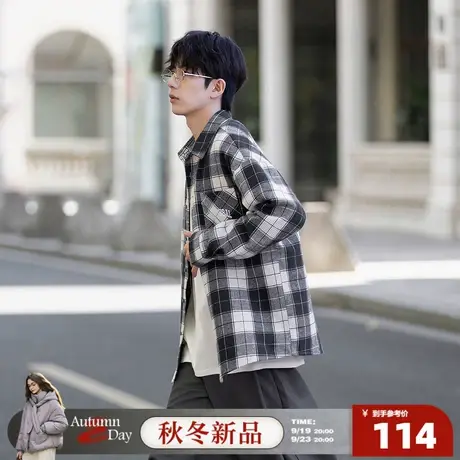 唐狮2025年秋季男士衬衫长袖男士上衣口袋图案长袖格子衬衫高级感商品大图