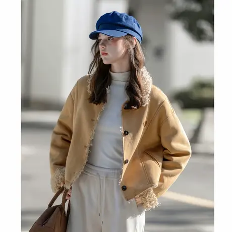 唐狮秋冬女翻领前胸小细节皮毛一体超短外套时尚流行通勤休闲TMTA商品大图