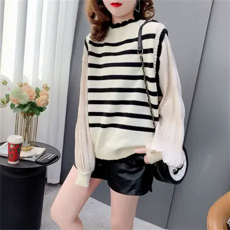 设计感衬衫袖拼接条纹针织衫上衣2023新款春装宽松洋气小个子毛衣商品大图