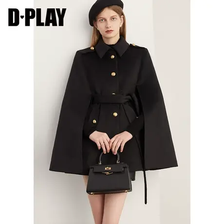 DPLAY2023冬法式呢子大衣外套英伦风黑色斗篷外套军装风毛呢大衣商品大图