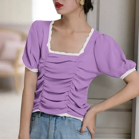 弥古复古方领法式泡泡袖上衣设计感小众夏螺纹针织短袖t恤女短款图片