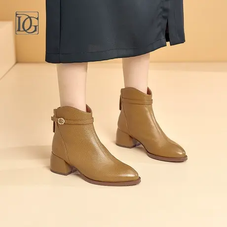 羊皮尖头短靴女粗跟2023新款真皮春秋单靴法式及踝靴短筒靴子商品大图