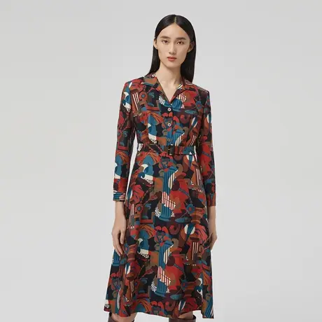 LANCY/朗姿棉羊毛秋季新款衬衫连衣裙子女印花收腰长袖裙子女商品大图