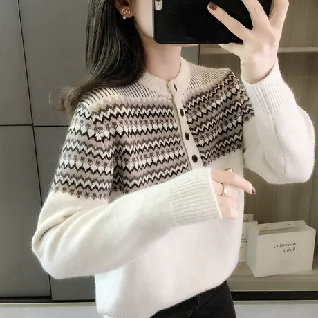 2023秋冬季新款复古针织衫女士打底衫宽松上衣洋气设计感套头毛衣商品大图