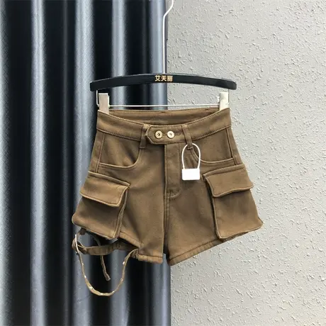 欧货美拉德风阔腿裤女23秋冬新款咖啡色个性工装高腰加绒牛仔短裤图片