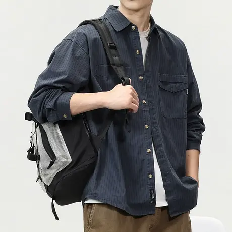 百搭工装衬衫外套长袖衬衫男款美式复古潮流衬衫时尚舒适长袖男士图片