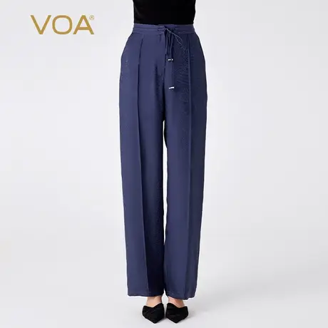 VOA桑蚕丝暗纹提花藏蓝色自然腰口袋宽松松紧绳百搭真丝直筒裤女图片