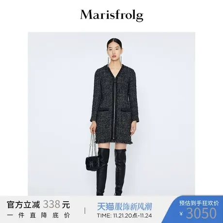 【商场同款】玛丝菲尔女装21年冬季新黑色V领长袖针织羊毛连衣裙图片