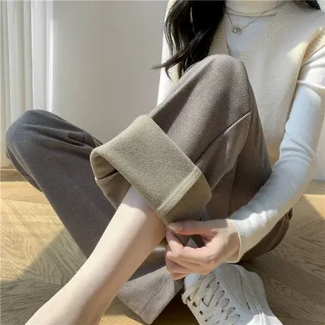 加绒毛呢阔腿裤女春秋2024新款高腰宽松直筒休闲咖啡色拖地长裤子商品大图