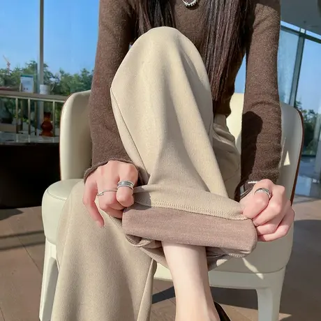 美式大口袋毛呢工装裤女2024秋冬新款高腰显瘦垂感直筒休闲阔腿裤图片