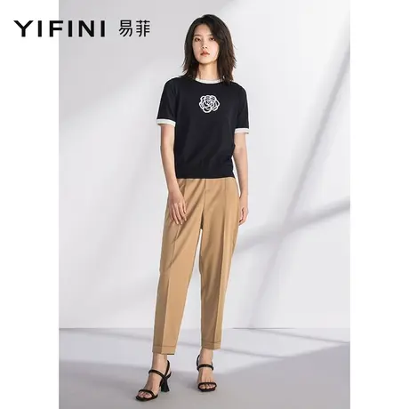 Yifini/易菲短款合体修身毛衫女夏季新款套头针织衫短袖圆领上衣商品大图
