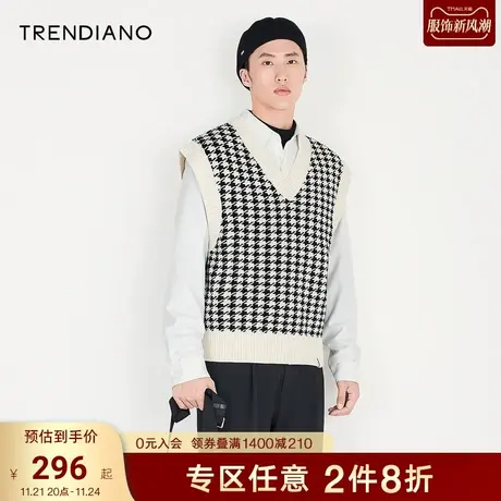 TRENDIANO官方男装冬季新款针织衫千鸟格V领毛衣图片
