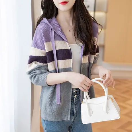 2023秋装新款韩版宽松连帽衫女士开衫毛衣外套针织衫拼色拉链上衣图片