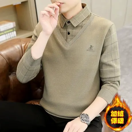 冬季衬衫领毛衣男士加绒加厚假两件针织衫青年一体绒保暖打底衫潮商品大图