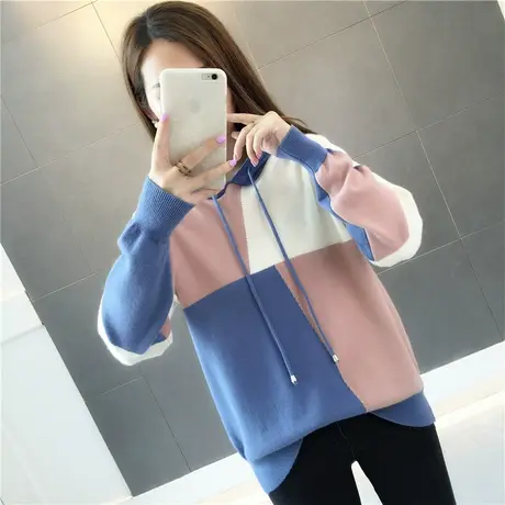 学院风拼色连帽加绒加厚卫衣女2023秋冬新款韩版宽松套头针织毛衣商品大图