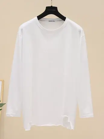 白色t恤女小个子破洞长袖宽松打底衫内搭春季上衣纯色圆领叠穿潮图片