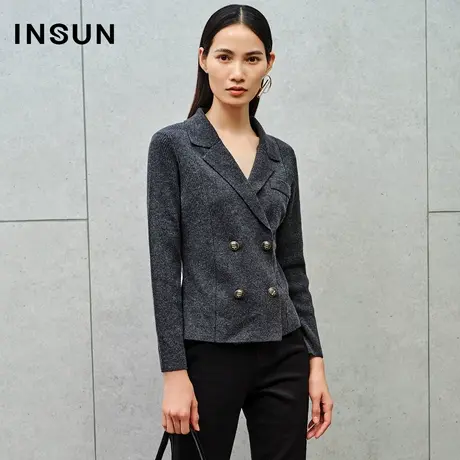 INSUN恩裳线上专选秋季西装领双排扣收腰100%羊毛针织衫图片